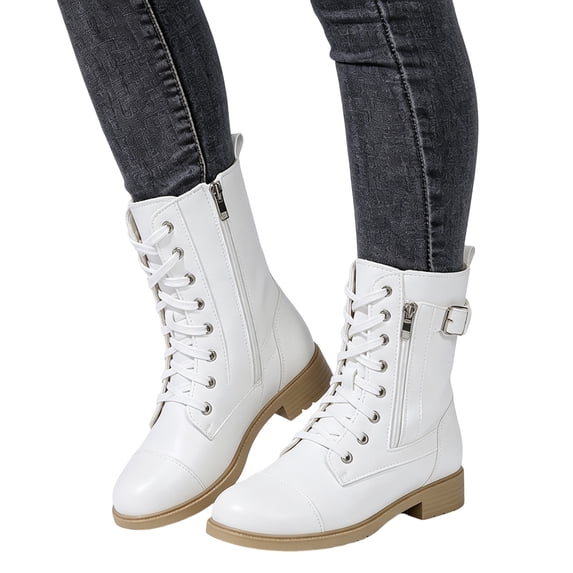 Rokment Mid Calf Winter Snow Boots for Women with Fleece Lined Warm Classic Casual Leather Zipper Buckles Chunky Low Heel Short Combat Riding Boots
