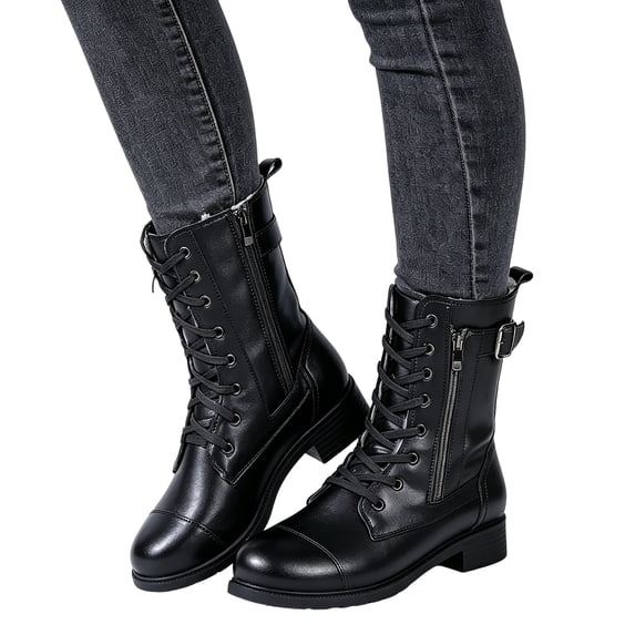 Rokment Mid Calf Winter Snow Boots for Women with Fleece Lined Warm Classic Casual Leather Zipper Buckles Chunky Low Heel Short Combat Riding Boots