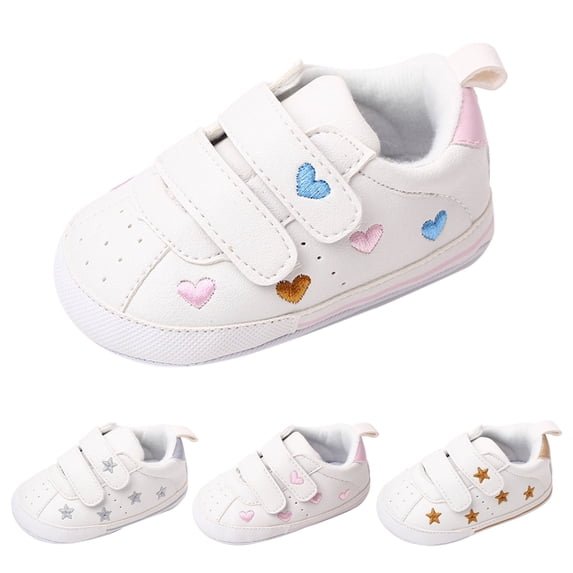Rokment Newborn Infant Crib Shoes Heart Star Embroidered White First Walking Low Top Fashion Sneakers Casual Leather Tennis Skate Flat for Baby Toddler Boys Girls