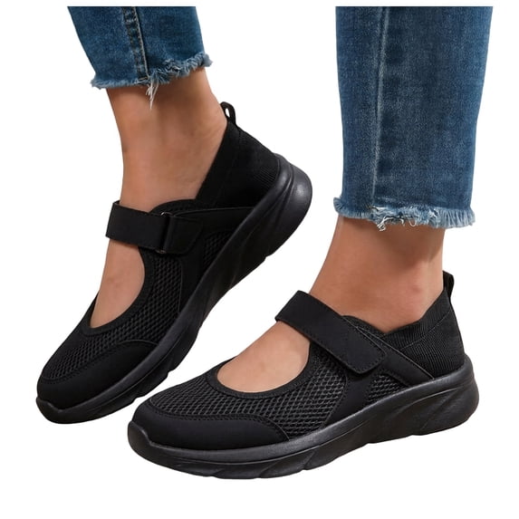Rokment Ortho Mesh Patchwork Walking Shoes for Women Breathable Comfortable Hollow out Ankle Strap Memory Foam Arch Support Nursing Non Slip Work Tennis Sneakers Black Size 6