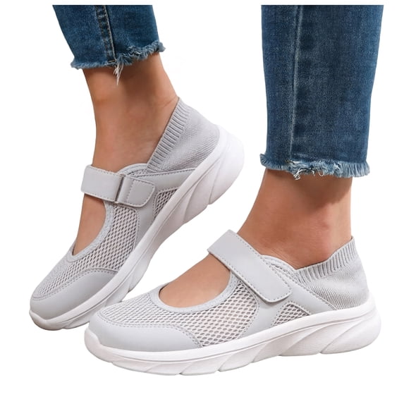 Rokment Ortho Mesh Patchwork Walking Shoes for Women Breathable Comfortable Hollow out Ankle Strap Memory Foam Arch Support Nursing Non Slip Work Tennis Sneakers Grey Size 8.5