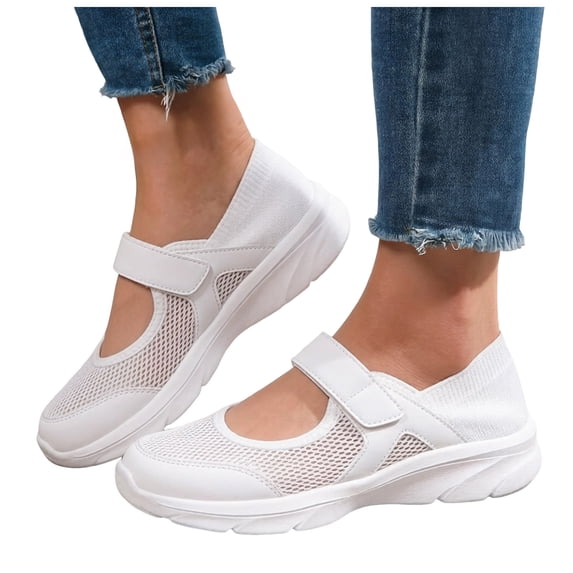 Rokment Ortho Mesh Patchwork Walking Shoes for Women Breathable Comfortable Hollow out Ankle Strap Memory Foam Arch Support Nursing Non Slip Work Tennis Sneakers White Size 7.5
