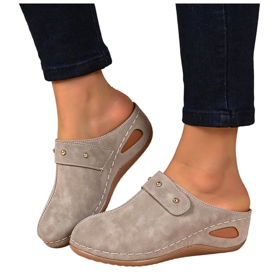 Rokment Ortho Wedge Clogs Open Back Dressy Sandals for Women Ladies 2026 Summer Fall Fashion Casual Suede Closed Toe Arch Support Platform Slip on Heels Mules Shoes Khaki Size 8.5