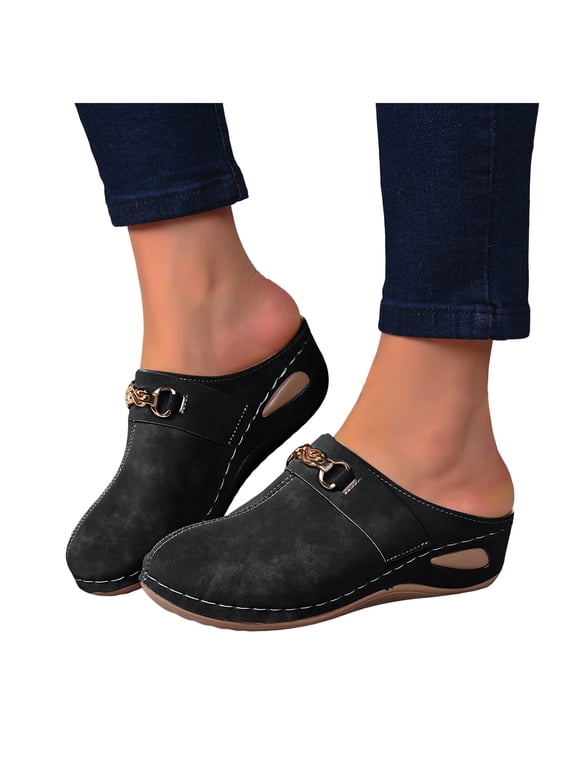 Ortho Wedge Heels Clogs And Mules for Women Classic Fashion Casual Suede Slip on Comfortable Closed Toe Arch Support Platform Walking Slides Beach Summer Black Size 8.5