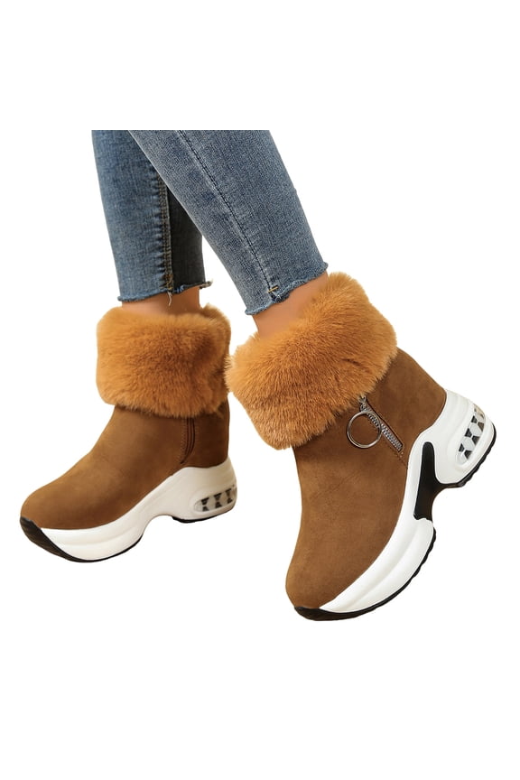 Orthopedic Air Cushion Mid Calf Winter Snow Boots for Women 2025 Cold Weather Fashion Casual Fuzzy Plush Lined Warm Platform Wedge Walking Dress Short Ankle Booties Brown Size 9.5