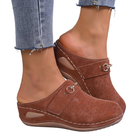 Rokment Orthopedic Arch Support Wedges Clogs Mules Dress Sandals for Women 2026 Summer Fashion Casual Comfortable Suede Closed Toe Orthotic Mid Heels Walking Dressy Slip on Slides Brown Size 8.5