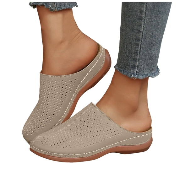 Rokment Orthopedic Clogs and Mules for Women 2026 Beach Summer Comfortable Breathable Leather Closed Toe Platform Wedges Half Slippers Walking Nursing Dress Slides Sandals Khaki Size 7.5