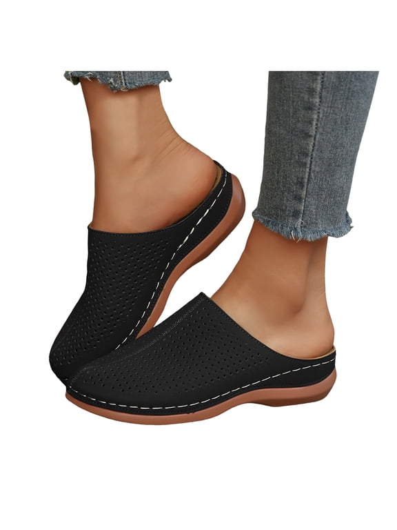 Orthopedic Clogs and Mules for Women 2026 Beach Summer Comfortable Breathable Leather Closed Toe Platform Wedges Half Slippers Walking Nursing Dress Slides Sandals Black Size 7