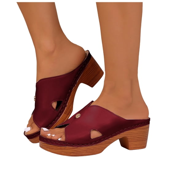 Rokment Orthopedic Mules Dressy Sandals for Women Ladies Summer Fashion Casual Leather Open Toe Platform Chunky Block High Heels Comfortable Arch Support Walking Dress Slip on Slides Wine Size 8