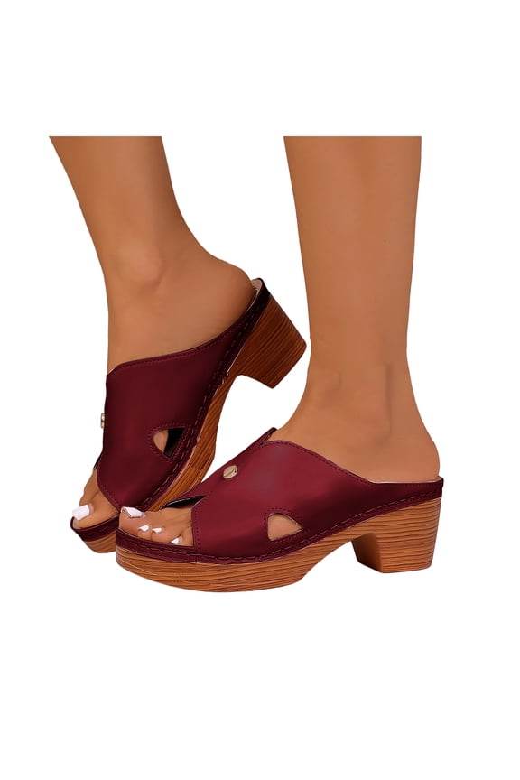 Orthopedic Mules Dressy Sandals for Women Ladies Summer Fashion Casual Leather Open Toe Platform Chunky Block High Heels Comfortable Arch Support Walking Dress Slip on Slides Wine Size 8.5