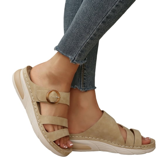 Rokment Orthopedic Platform Sandals for Women 2026 Comfortable Buckles Open Toe Memory Foam Wedge Walking Slides with Arch Support Beach Summer Khaki Size 6