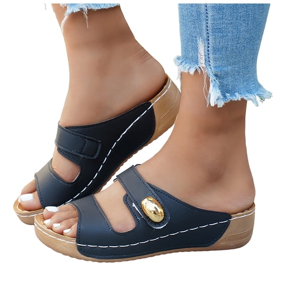 Rokment Orthopedic Platform Slides Sandals for Women Beach Comfortable Leather Buckles Open Toe Arch Support Wedge Heels Slippers Casual Summer Dress Slip on Black Size 6