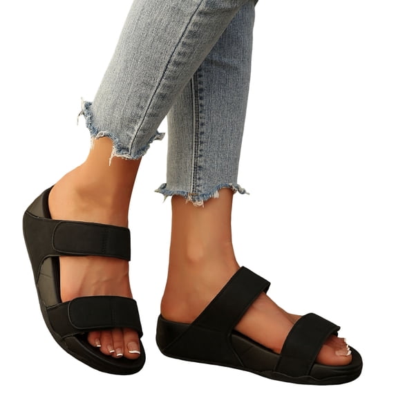 Rokment Orthopedic Platform Walking Slippers Sandals for Women 2026 Beach Summer Comfortable Fashion Casual Wide Width Arch Support Chunky Wedge Slip on Backless Slides Black Size 9