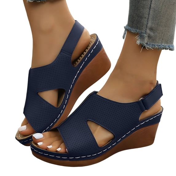 Rokment Orthopedic Platform Wedge Gladiator Dressy Sandals for Women 2026 Fashion Casual Leather Open Toe Comfortable Arch Support Chunky High Heels Walking Dress Summer Shoes Blue Size 7