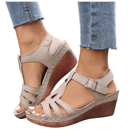 Rokment Orthopedic Platform Wedges Gladiator Dress Sandals for Women Ladies 2026 Summer Vintage Leather Hollow out Chunky High Heeled Dressy Sandals Beige Size 6