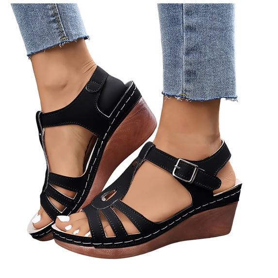 Rokment Orthopedic Platform Wedges Gladiator Dress Sandals for Women Ladies 2026 Summer Vintage Leather Hollow out Chunky High Heeled Dressy Sandals Black Size 8