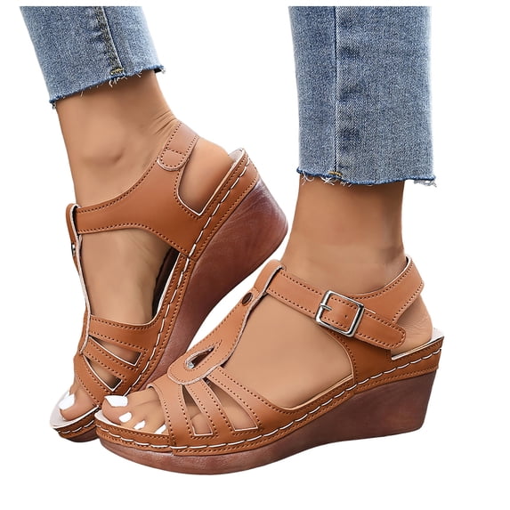 Rokment Orthopedic Platform Wedges Gladiator Dress Sandals for Women Ladies 2026 Summer Vintage Leather Hollow out Chunky High Heeled Dressy Sandals Brown Size 7