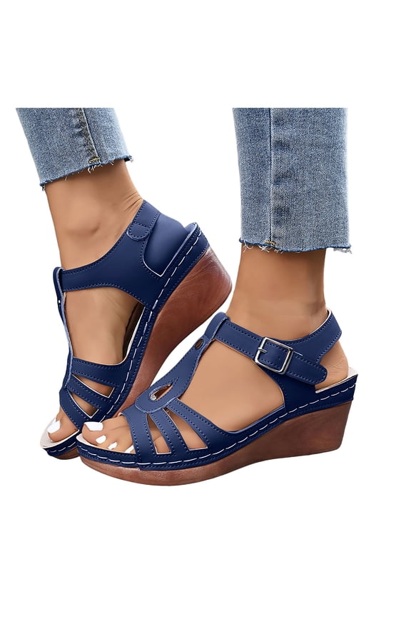 Orthopedic Platform Wedges Gladiator Dress Sandals for Women Ladies 2026 Summer Vintage Leather Hollow out Chunky High Heeled Dressy Sandals Navy Size 6