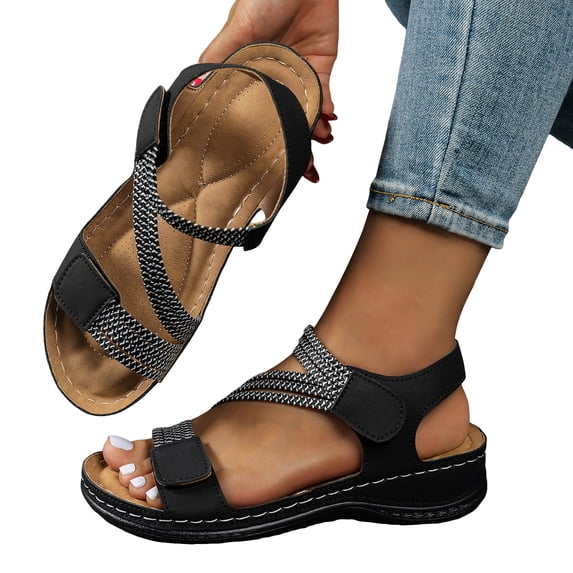 Rokment Orthopedic Walking Sandals for Women 2026 Summer Fashion Casual Comfortable Leather Open Toe Platform Wedge Low Heel Strappy Non Slip Work Sandals Black Size 5.5