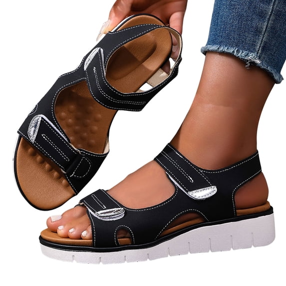 Rokment Orthopedic Walking Sandals for Women with Arch Support Comfortable Leather Memory Foam Wedge Heels Non Slip Work Summer Shoes Black Size 6