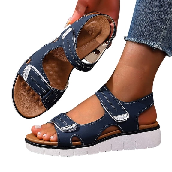 Rokment Orthopedic Walking Sandals for Women with Arch Support Comfortable Leather Memory Foam Wedge Heels Non Slip Work Summer Shoes Blue Size 9