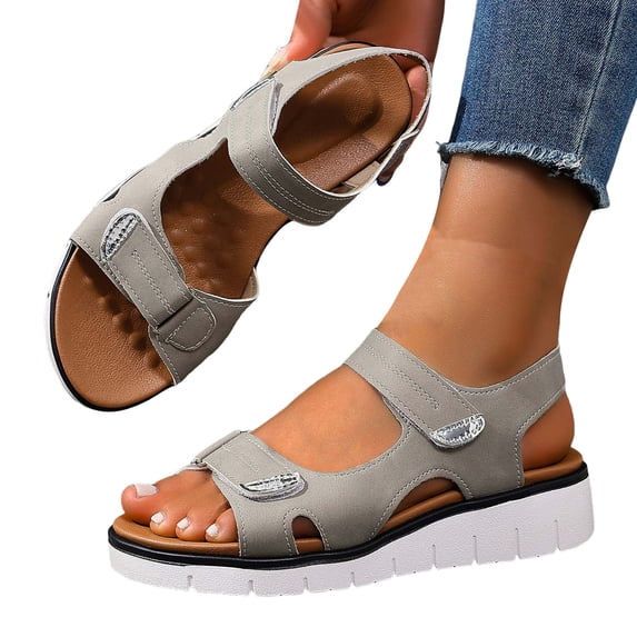 Rokment Orthopedic Walking Sandals for Women with Arch Support Comfortable Leather Memory Foam Wedge Heels Non Slip Work Summer Shoes Grey Size 8