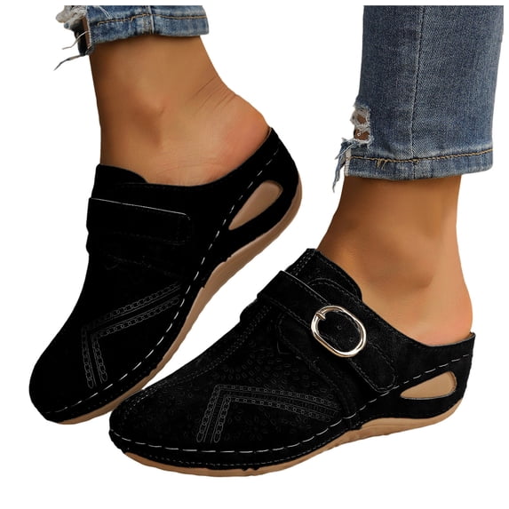 Rokment Orthopedic Wedge Clogs Backless Sandals for Women 2026 Spring Summer Fashion Leather Buckles Comfortable Arch Support Mid Heels Mules Walking Slides Slippers Black Size 6.5