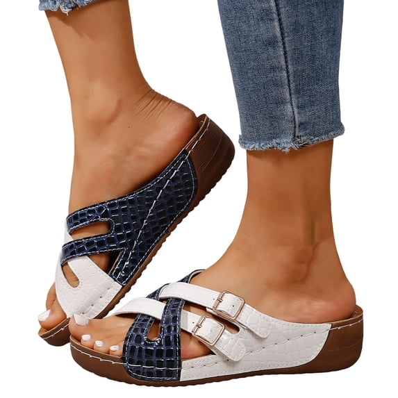 Rokment Orthopedic Wedge Dress Sandals for Women with Arch Support 2026 Summer Fashion Casual Color Block Buckles Platform Walking Beach Slip on Slides Shoes Blue Size 8.5