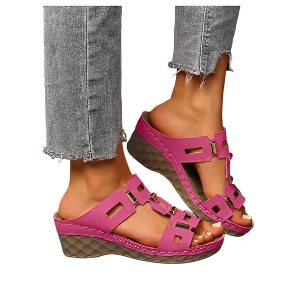 Rokment Orthopedic Wedge Dress Sandals for Women Trendy Casual Hollow out Leather Peep Toe Arch Support Platform Slip on Beach Summer Comfortable High Heels Slides Walking Shoes Pink Size 9
