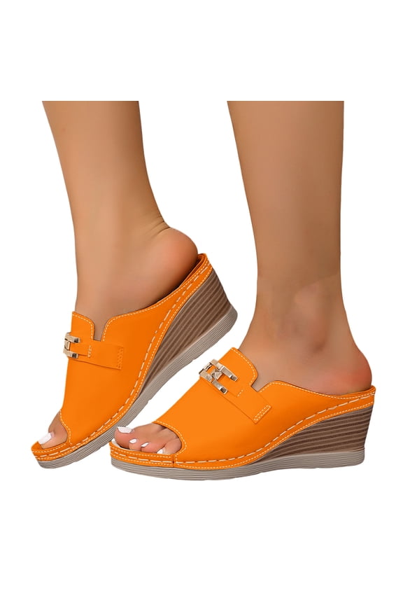 Orthopedic Wedges Slip on Dressy Sandals for Women Ladies 2026 Summer Trendy Casual Leather Arch Support Platform Heeled Dress Slides Business Office Work Orange Size 8