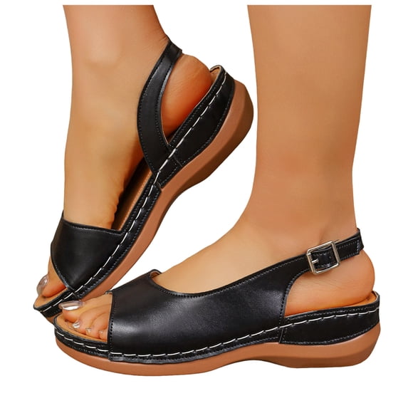 Rokment Orthopedic Wedges Walking Dressy Sandals for Women Ladies Fashion Casual Leather Open Toe Platform Arch Support Slingback Dress Summer Shoes Comfortable Black Size 6.5