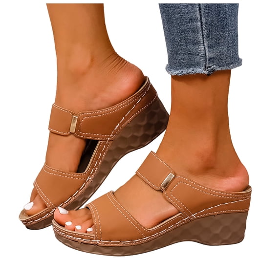 Rokment Orthotic Arch Support Platform Wedge Sandals for Women Ladies 2026 Fashion Comfortable Leather Fish Mouth Open Toe High Heels Dressy Slides Beach Casual Dress Slip on Summer Shoes B Size 9.5