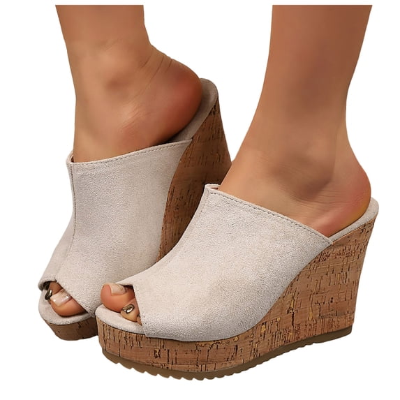 Rokment Peep Toe Platform Wedge Slides Sandals for Women Ladies Fashion Casual Suede Chunky High Heels Dress Slip on Cork Footbed Summer Shoes White Size 9