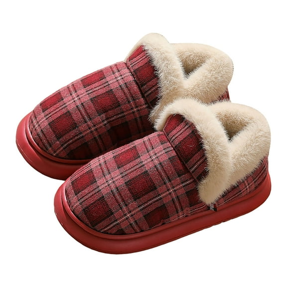 Rokment Plaid Christmas House Booties Slippers for Women Men Xmas Holiday Checkered Winter Fleece Lined Warm Slip on Boot Home Bedroom Memory Foam Shoes Indoor Outdoor Red Size 7.5