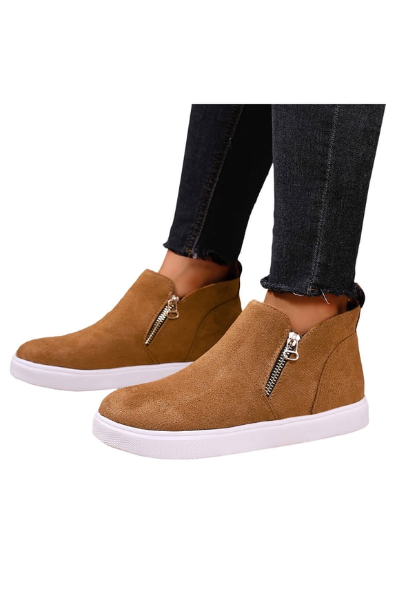 Platform Booties for Women Fall Winter Fashion Casual Suede Side Zipper Flat Walking Work Short Ankle Boots Brown Size 9