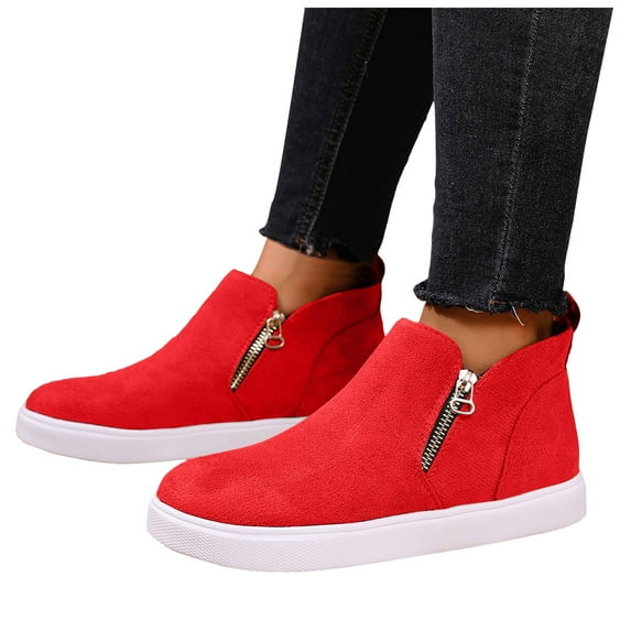 Rokment Platform Booties for Women Fall Winter Fashion Casual Suede Side Zipper Flat Walking Work Short Ankle Boots Red Size 9