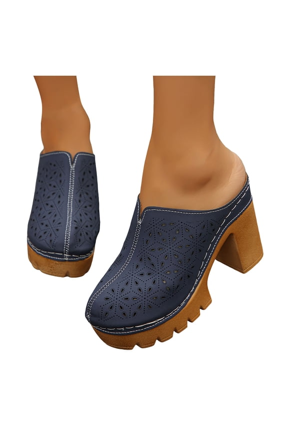 Platform Chunky Block High Heel Clogs Mules Sandals for Women Ladies 2026 Spring Summer Fashion Leather Closed Toe Dress Pumps Heeled Backless Slip on Slides Navy Size 7.5