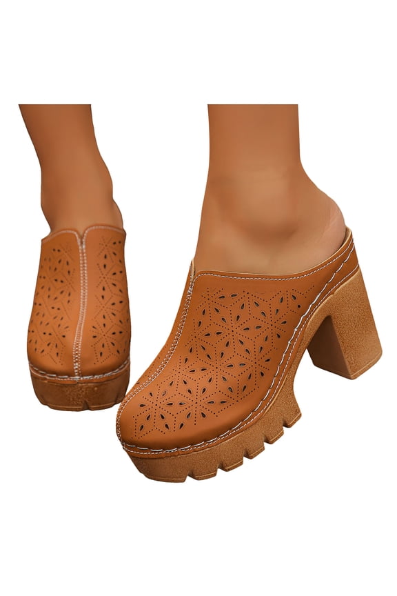 Platform Chunky Block High Heel Clogs Mules Sandals for Women Ladies 2026 Spring Summer Fashion Leather Closed Toe Dress Pumps Heeled Backless Slip on Slides Brown Size 7