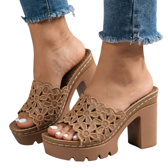 Rokment Platform Chunky Block High Heels Open Back Dressy Sandals for Women 2026 Summer Elegant Casual Flower Hollow out Slip on Heeled Dress Pumps Shoes Beach Brown Size 9