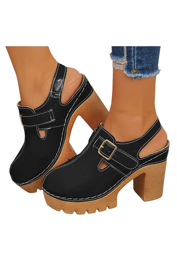 Platform Chunky High Heels Clogs Slingback Dress Sandals for Women Ladies 2026 Spring Summer Fashion Leather Buckles Closed Toe Chunky Block Heeled Pumps Casual Shoes Black Size 8