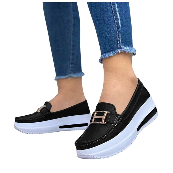 Rokment Platform Chunky Slip on Loafers Walking Shoes for Women 2026 Spring Fall Vintage Casual Color Block Leather Height Increasing Nursing Non Slip Work Fashion Sneakers Black Size 6.5