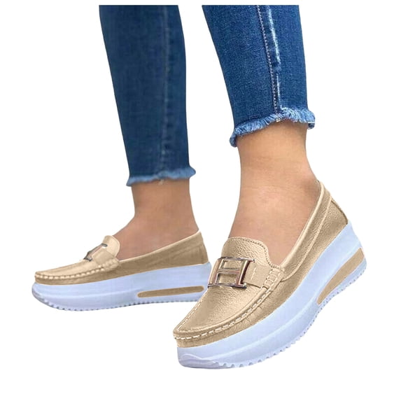 Rokment Platform Chunky Slip on Loafers Walking Shoes for Women 2026 Spring Fall Vintage Casual Color Block Leather Height Increasing Nursing Non Slip Work Fashion Sneakers Gold Size 8.5