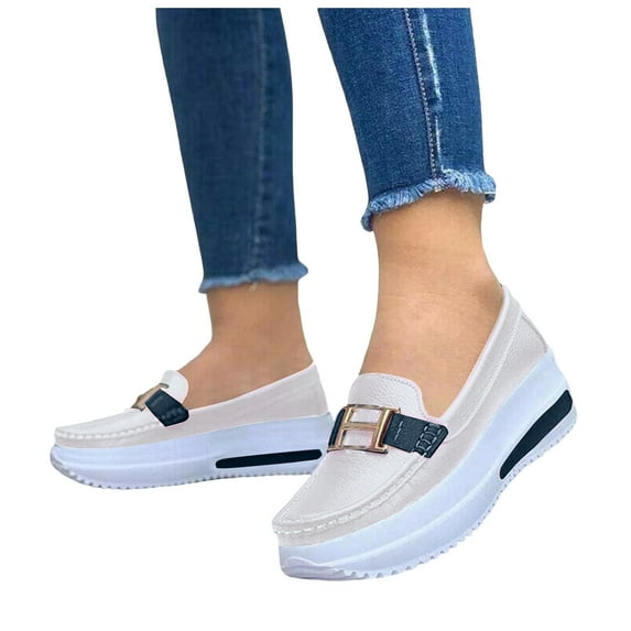 Rokment Platform Chunky Slip on Loafers Walking Shoes for Women 2026 Spring Fall Vintage Casual Color Block Leather Height Increasing Nursing Non Slip Work Fashion Sneakers White Size 8.5