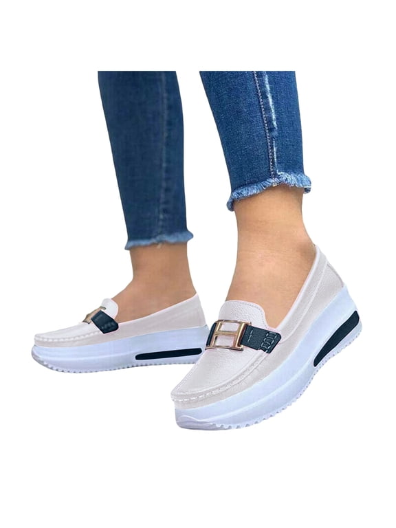 Platform Chunky Slip on Loafers Walking Shoes for Women 2026 Spring Fall Vintage Casual Color Block Leather Height Increasing Nursing Non Slip Work Fashion Sneakers White Size 7.5