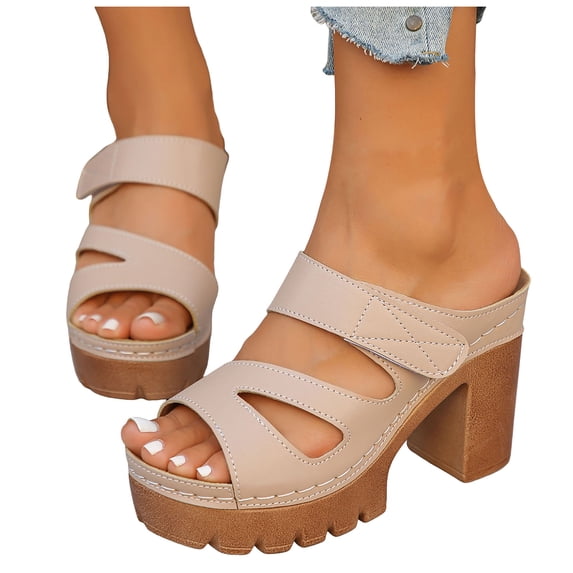 Rokment Platform Dress Slides Sandals for Women 2026 Summer Trendy Casual Leather Adjustable Peeptoe Chunky Block Backless Slippers High Heels Beige Size 6.5
