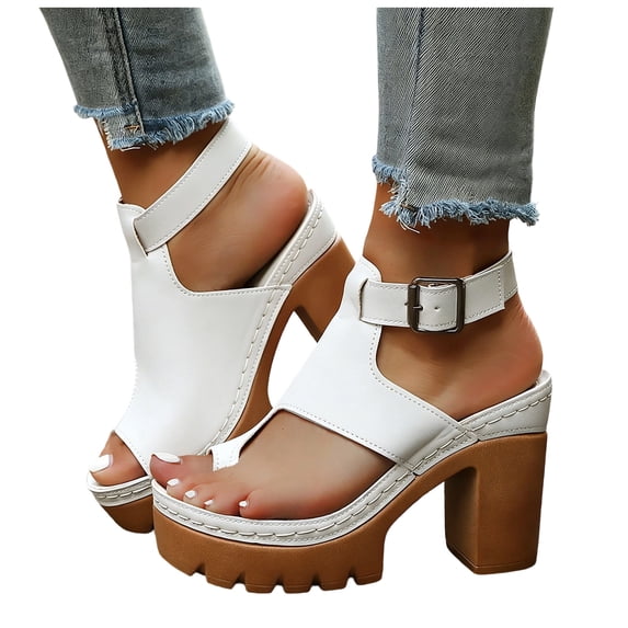 Rokment Platform Dressy Flip Flops for Women Ladies 2026 Fashion Casual Leather Buckles Ankle Strap Chunky Lug High Heels Comfortable Arch Support Dress Sandals White Size 9