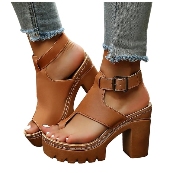 Rokment Platform Dressy Flip Flops for Women Ladies 2026 Fashion Casual Leather Buckles Ankle Strap Chunky Lug High Heels Comfortable Arch Support Dress Sandals Brown Size 9