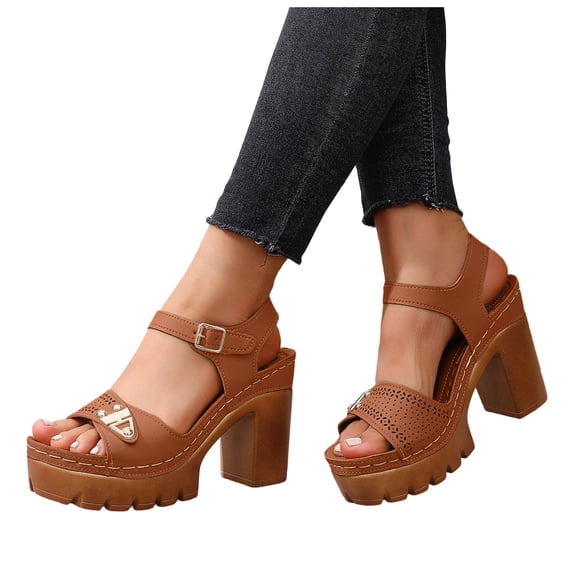 Rokment Platform Dressy Sandals for Women Ladies 2026 Comfortable Studded Leather Open Toe Chunky Block High Heels Summer Casual Beach Orthopedic Walking Shoes with Buckles Straps Brown Size 7.5
