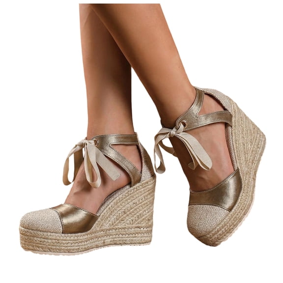 Rokment Platform Extra Wedge High Heels Dressy Shoes for Women Bride Wedding Beach Patchwork Closed Toe Espadrilles Chunky Heeled Strappy Dress Sandals Summer Fall Gold Size 7