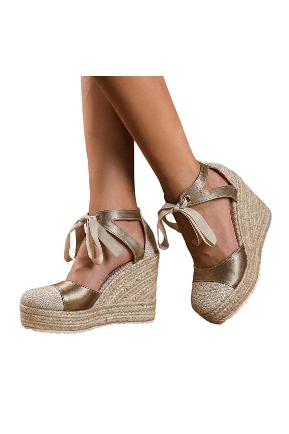 Platform Extra Wedge High Heels Dressy Shoes for Women Bride Wedding Beach Patchwork Closed Toe Espadrilles Chunky Heeled Strappy Dress Sandals Summer Fall Gold Size 9.5